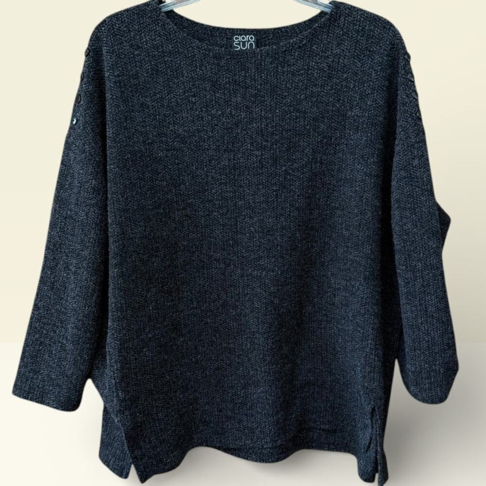 Clara Sun Woo Size Large Boatneck Top Shoulder Button Accents Knit Gray